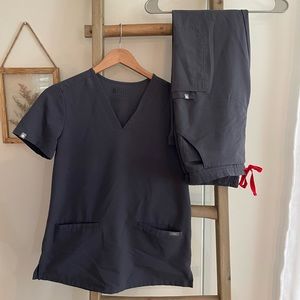 FIGS scrub set- limited edition charcoal grey with red tie